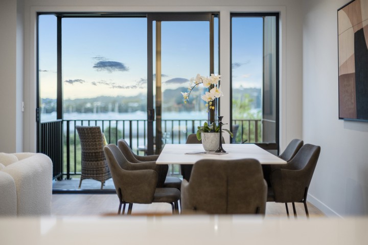 Classic Builders Hobsonville Point beauty shot. Dining looking over water   Jev Matt